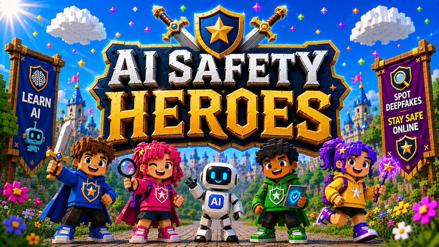 AI Safety Heroes — five blocky cartoon child heroes and a friendly robot in the AI academy city